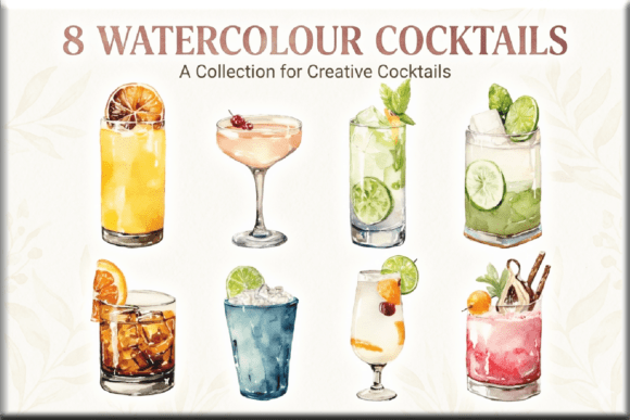 8 Watercolor Cocktail Clipart Bundle PNG: Graphics & Illustrations for Local Business