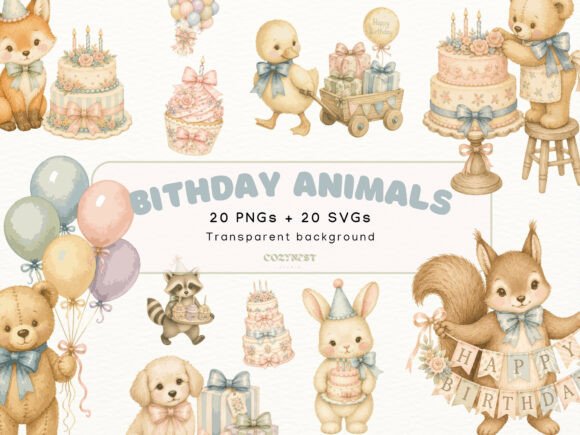 Birthday Animals Watercolor Cliparts SVG: Graphics for Creative Projects