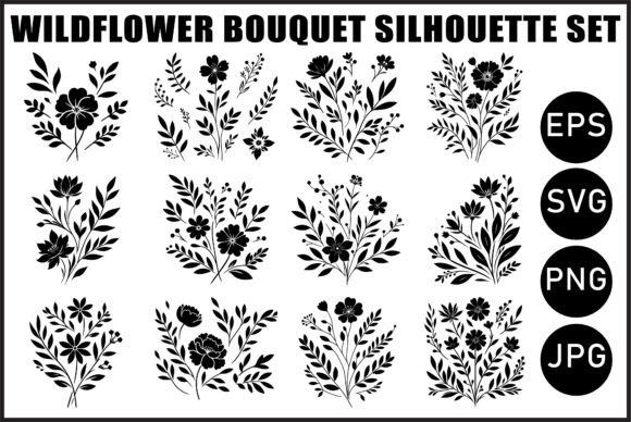 Black Wildflower Bouquet Vector Bundle: Graphics & Illustrations for Editorial Design