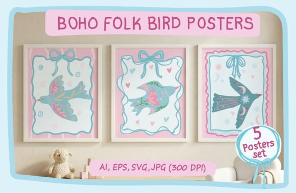 Boho Folk Birds Pastel Nursery Posters