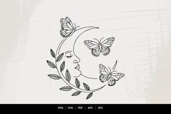 Celestial Moon Face with Butterflies Graphics