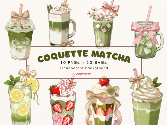 Coquette Matcha Clipart, Cute Pastel Bow