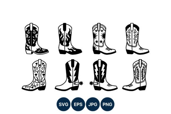 Cowboy Boots Black White Line Art