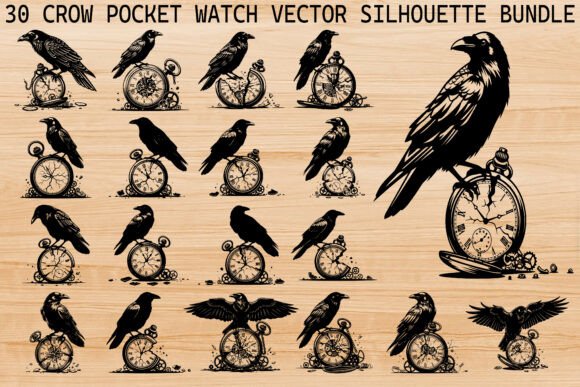 Crow Pocket Watch Silhouette Bundle: Graphics with a Mysterious Edge