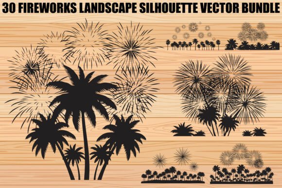 Fireworks Landscape Silhouette Bundle: Graphics & Illustrations for Editorial Use