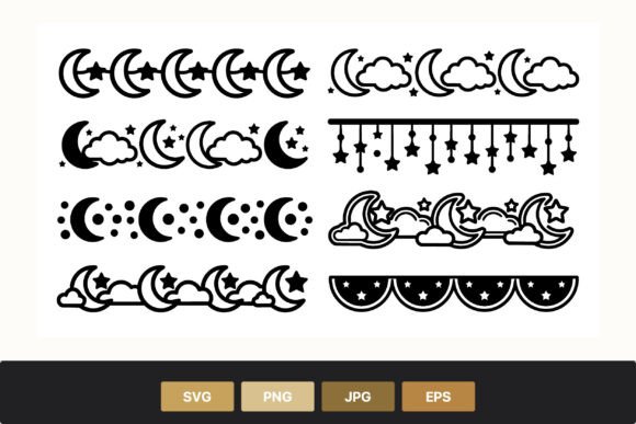 Moon Stars Clouds Vector Border Line Art
