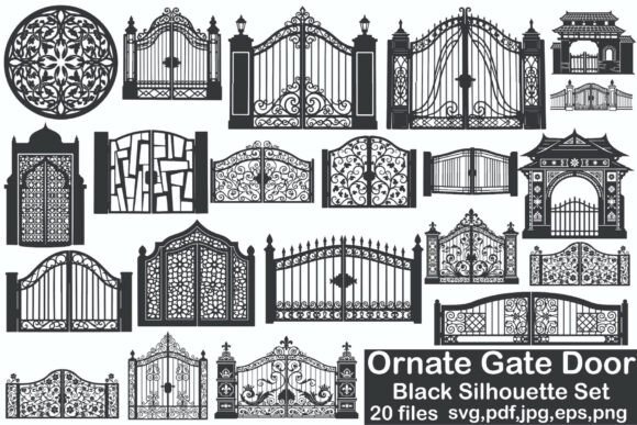 Ornate Gate Door Black Silhouette Set: Graphics for Elegant Design