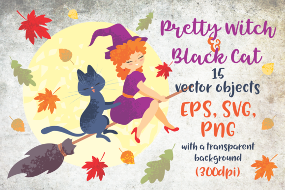 Pretty Witch and Black Cat Halloween Graphics