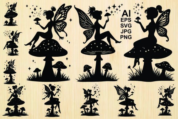 Silhouette Fairy Sitting on a Mushroom Graphics
